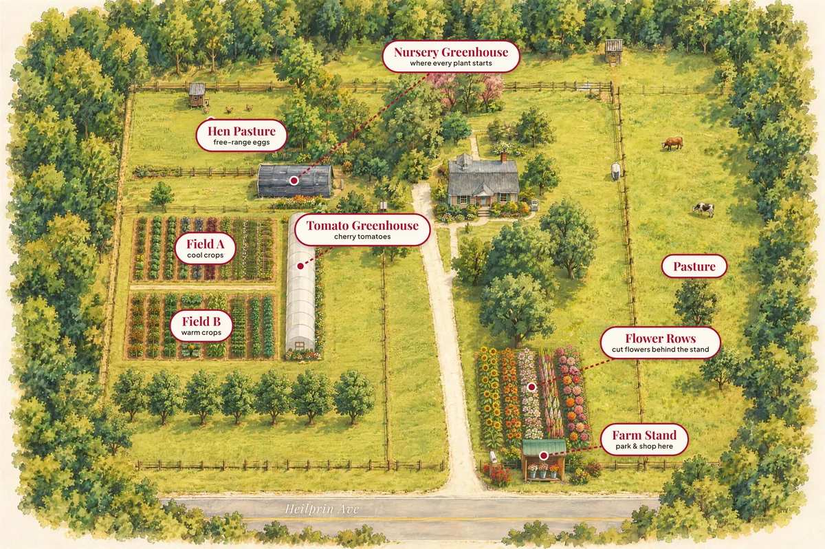 Illustrated bird's-eye map of Generous Greens: the hen pasture and nursery greenhouse at the top left, Field A and Field B beside the long tomato hoop house with a tree line below, the farmhouse and cow pasture on the right, and the cut flower rows behind the farm stand by Heilprin Ave.